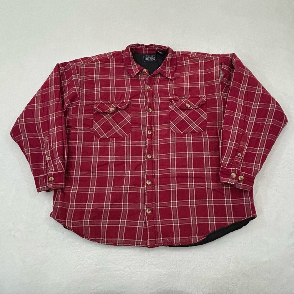Vintage Basic Editions Red Plaid Flannel Quilted Lined Shirt Jacket Mens XL